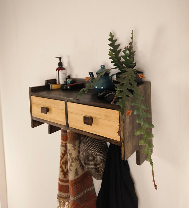 GOLDEN OAK Wooden Wall Shelf with Drawers & Key Holders