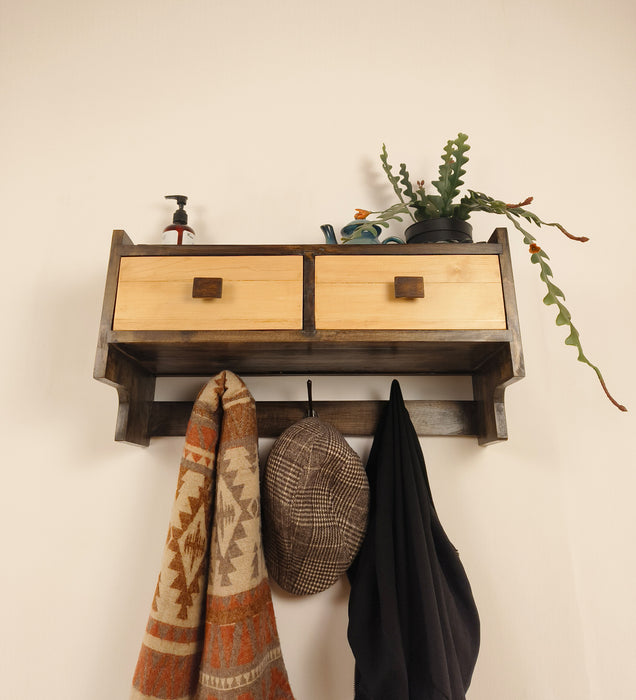 GOLDEN OAK Wooden Wall Shelf with Drawers & Key Holders