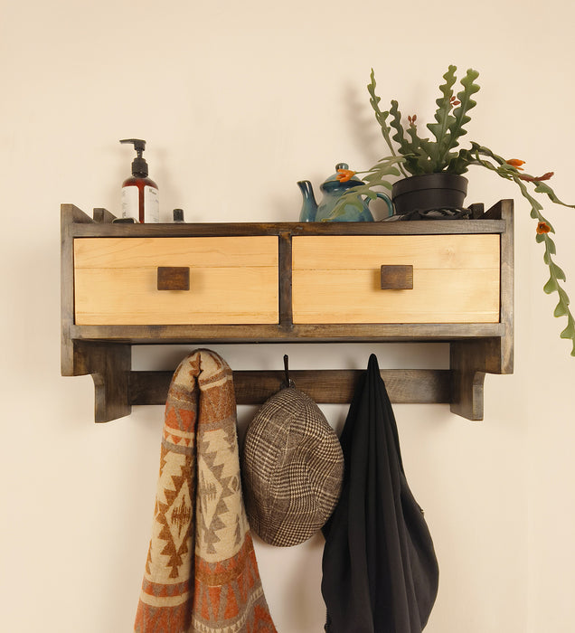 GOLDEN OAK Wooden Wall Shelf with Drawers & Key Holders