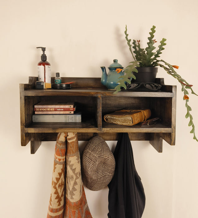 GOLDEN OAK Wooden Wall Shelf with Drawers & Key Holders