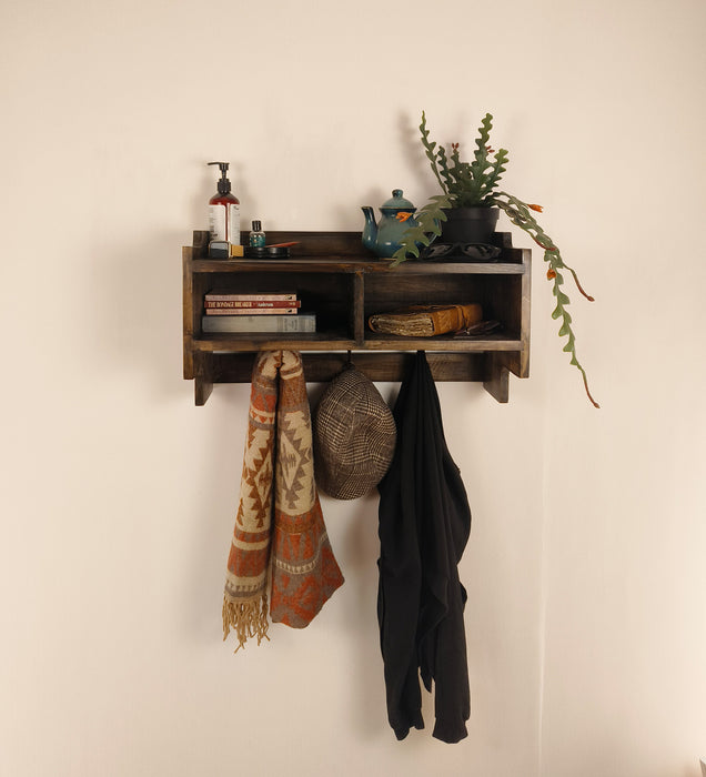 GOLDEN OAK Wooden Wall Shelf with Drawers & Key Holders