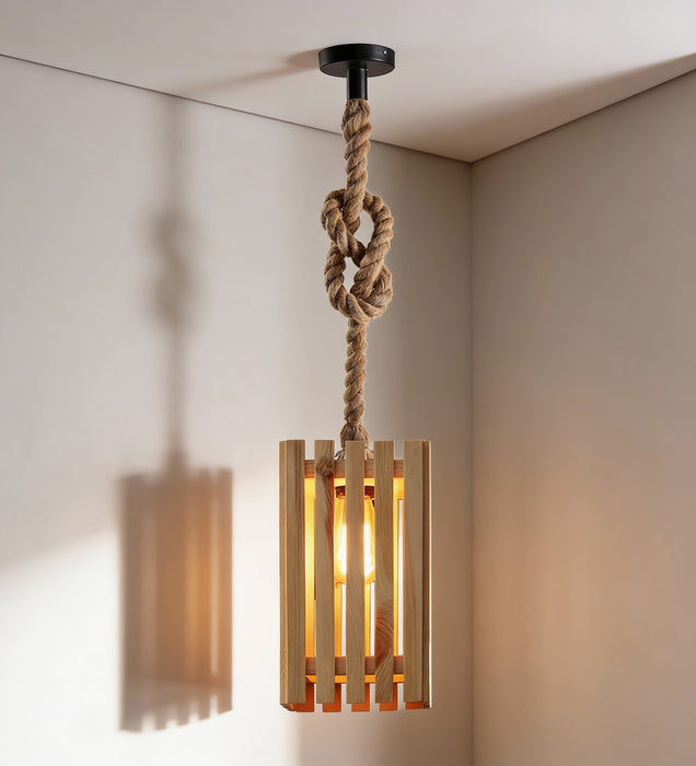 Elegant Beige Wooden Single Hanging Lamp