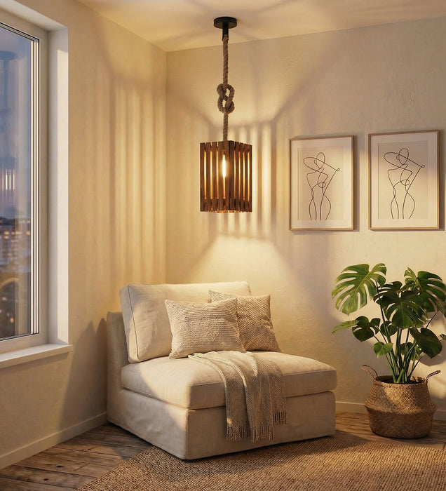Elegant Brown Wooden Single Hanging Lamp