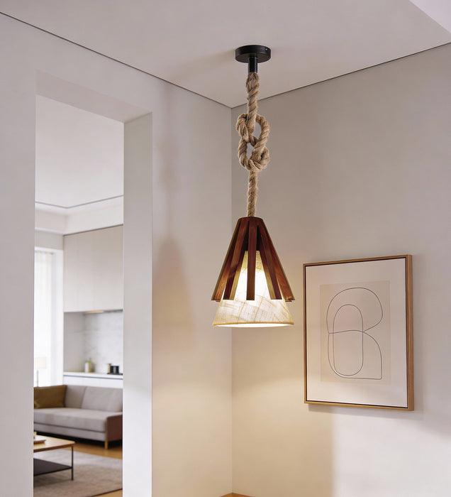 Flue Beige & Brown Wooden Single Hanging Lamp