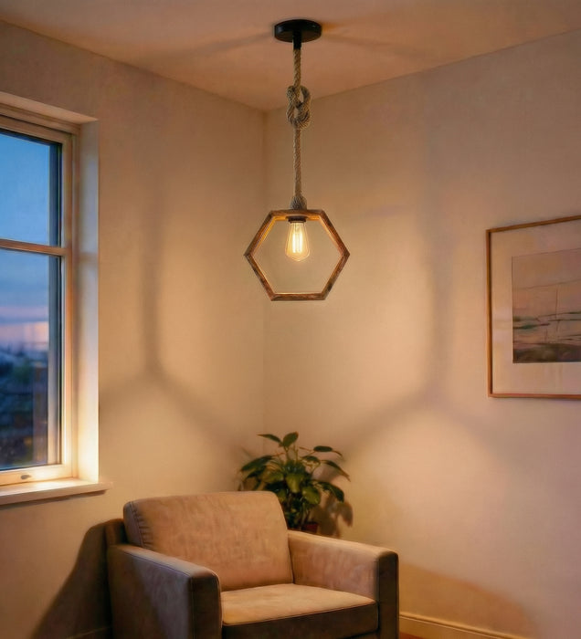 Hex Brown Wooden Single Hanging Lamp