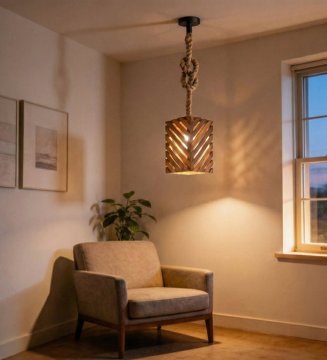 Oblique Brown Wooden Single Hanging Lamp