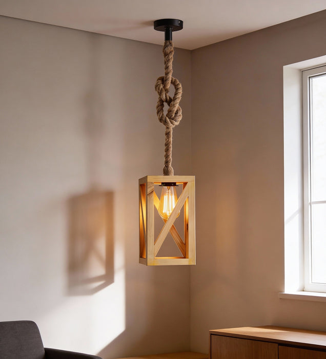 Symmetric Beige Wooden Single Hanging Lamp