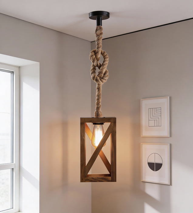 Symmetric Brown Wooden Single Hanging Lamp