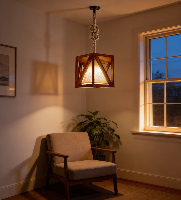 Symmetric Hexa Brown Wooden Single Hanging Lamp