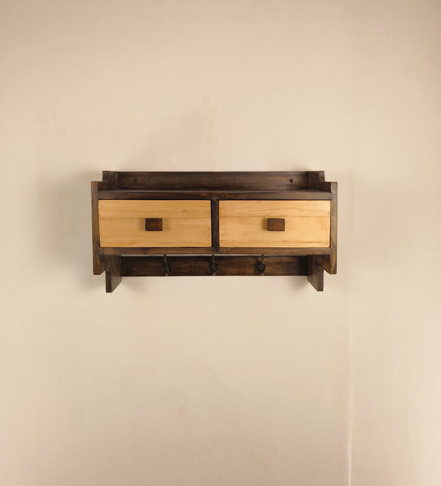 GOLDEN OAK Wooden Wall Shelf with Drawers & Key Holders