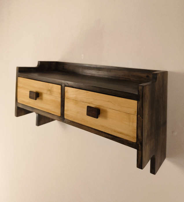 GOLDEN OAK Wooden Wall Shelf with Drawers & Key Holders