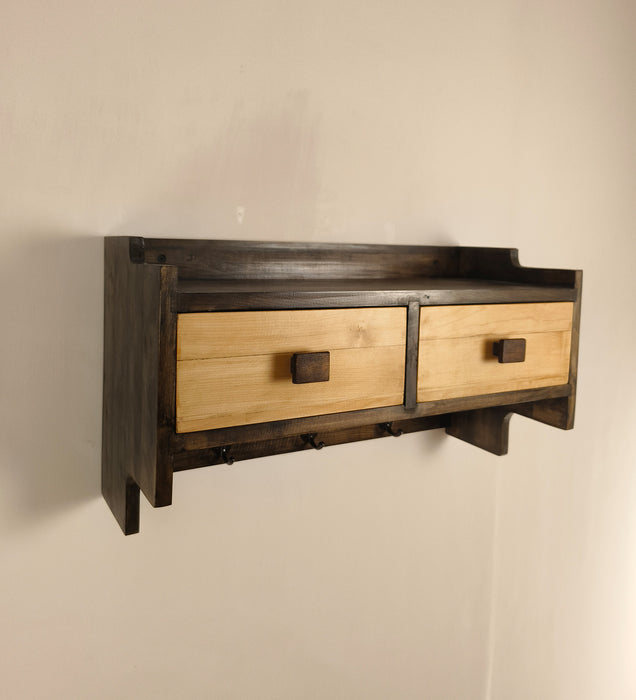 GOLDEN OAK Wooden Wall Shelf with Drawers & Key Holders