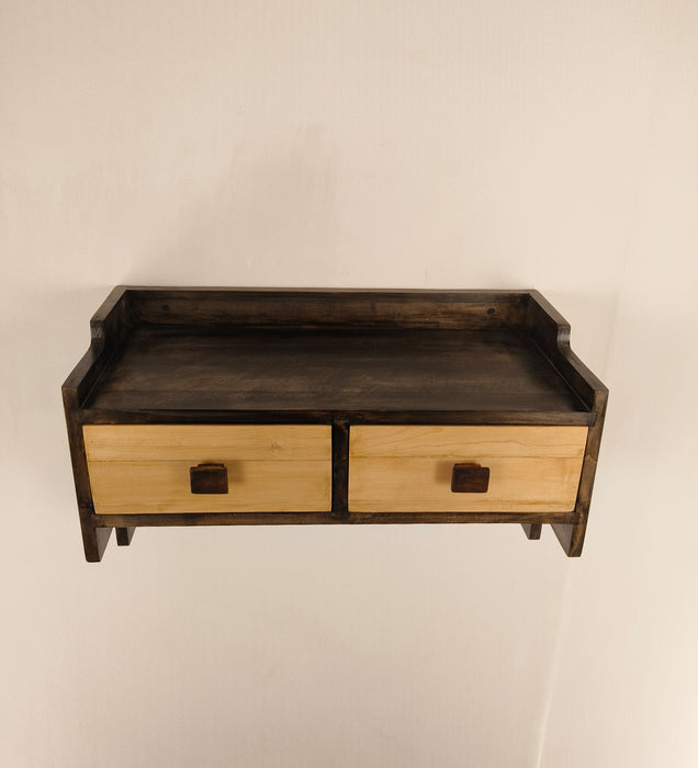 GOLDEN OAK Wooden Wall Shelf with Drawers & Key Holders