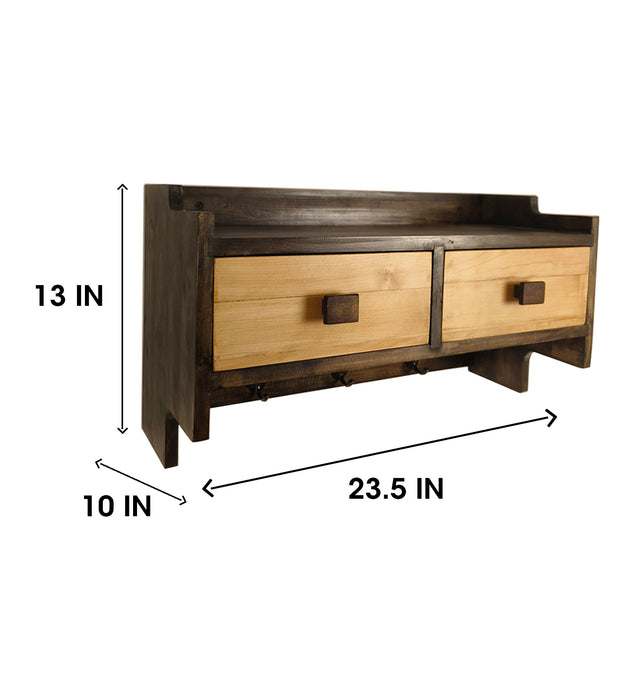 GOLDEN OAK Wooden Wall Shelf with Drawers & Key Holders