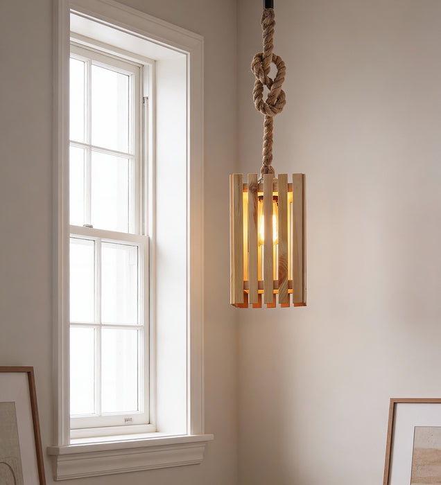 Elegant Beige Wooden Single Hanging Lamp