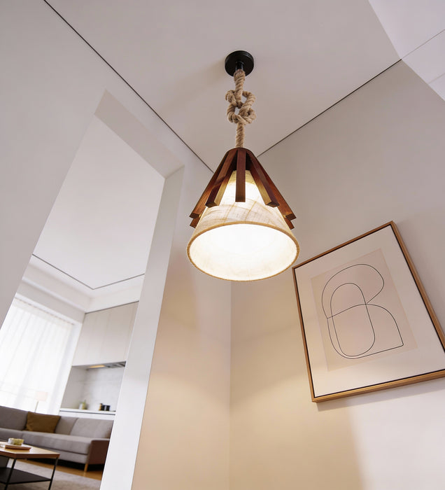 Flue Beige & Brown Wooden Single Hanging Lamp