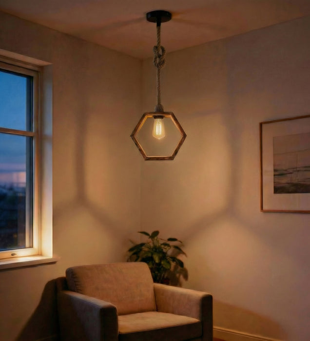 Hex Brown Wooden Single Hanging Lamp