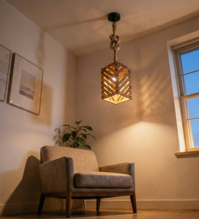 Oblique Brown Wooden Single Hanging Lamp