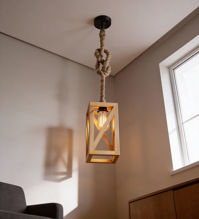 Symmetric Beige Wooden Single Hanging Lamp