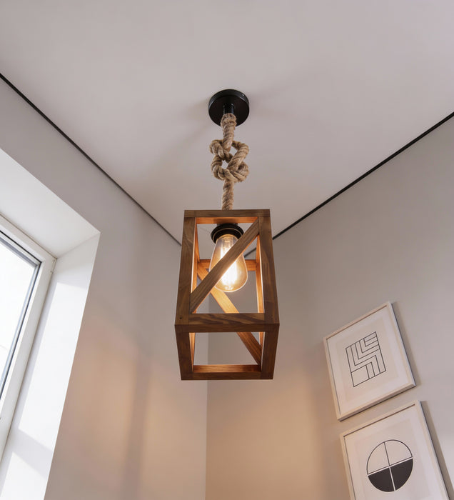 Symmetric Brown Wooden Single Hanging Lamp