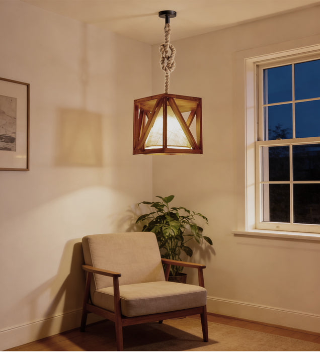 Symmetric Hexa Brown Wooden Single Hanging Lamp
