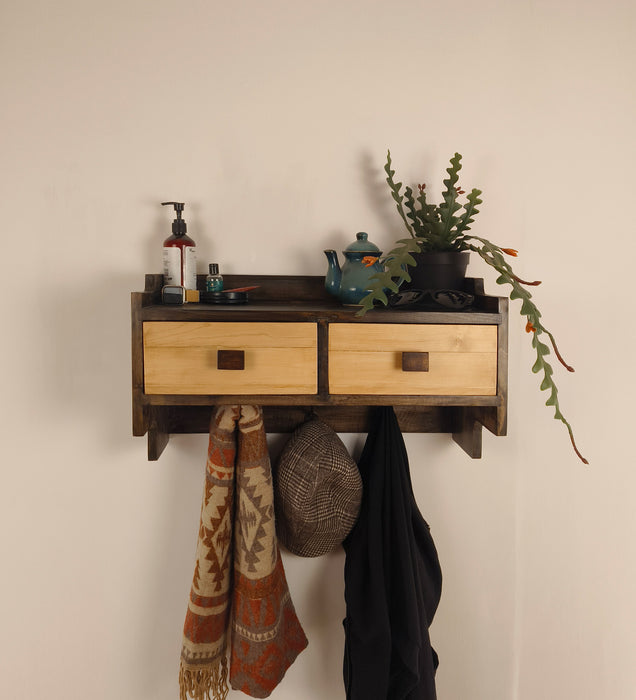 GOLDEN OAK Wooden Wall Shelf with Drawers & Key Holders