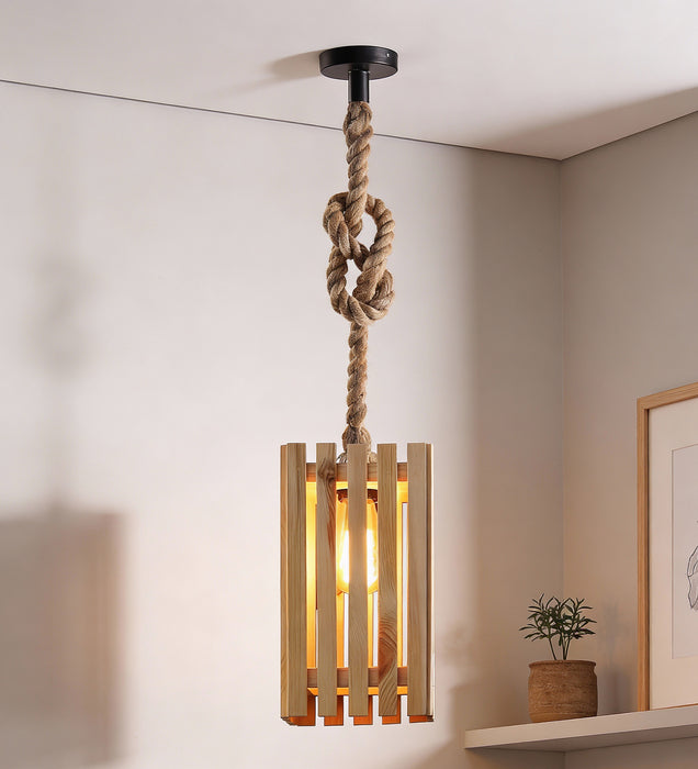Elegant Beige Wooden Single Hanging Lamp