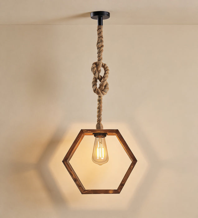 Hex Brown Wooden Single Hanging Lamp