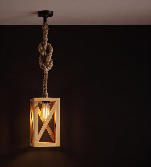 Symmetric Beige Wooden Single Hanging Lamp