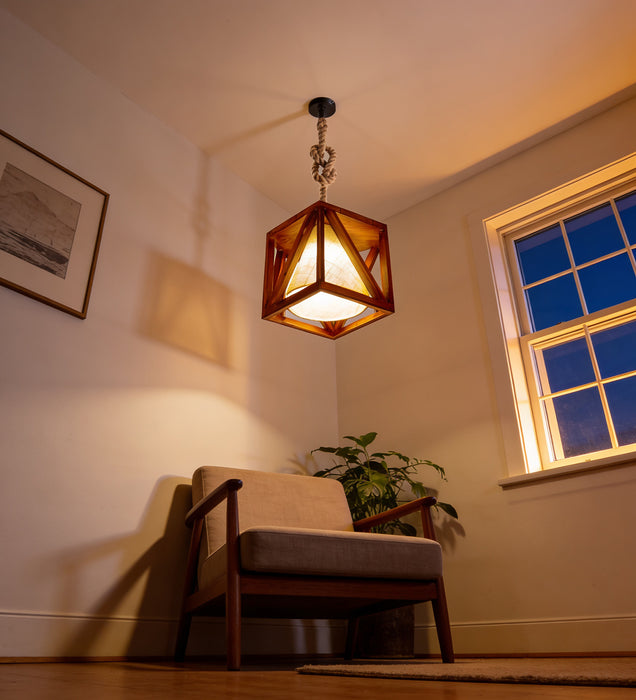 Symmetric Hexa Brown Wooden Single Hanging Lamp