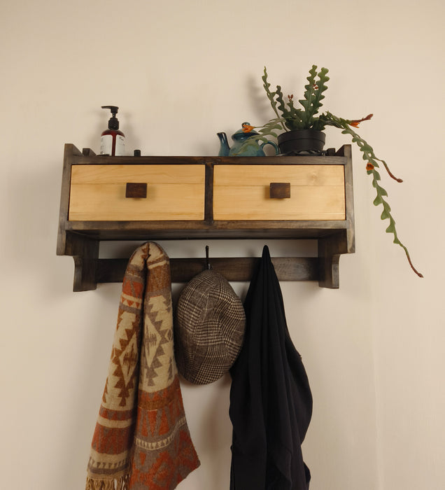 GOLDEN OAK Wooden Wall Shelf with Drawers & Key Holders