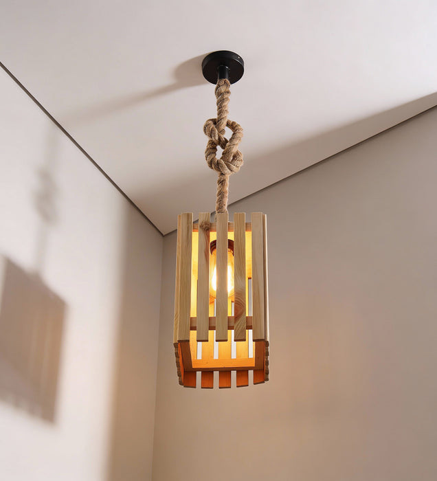 Elegant Beige Wooden Single Hanging Lamp