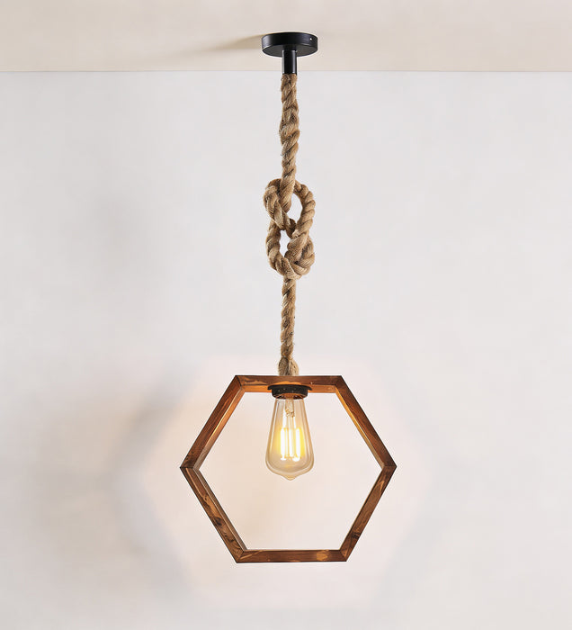 Hex Brown Wooden Single Hanging Lamp