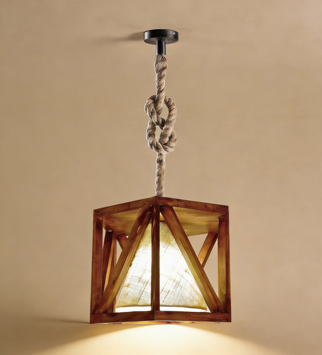 Symmetric Hexa Brown Wooden Single Hanging Lamp