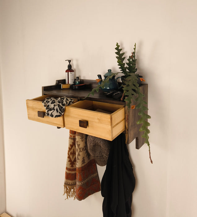 GOLDEN OAK Wooden Wall Shelf with Drawers & Key Holders