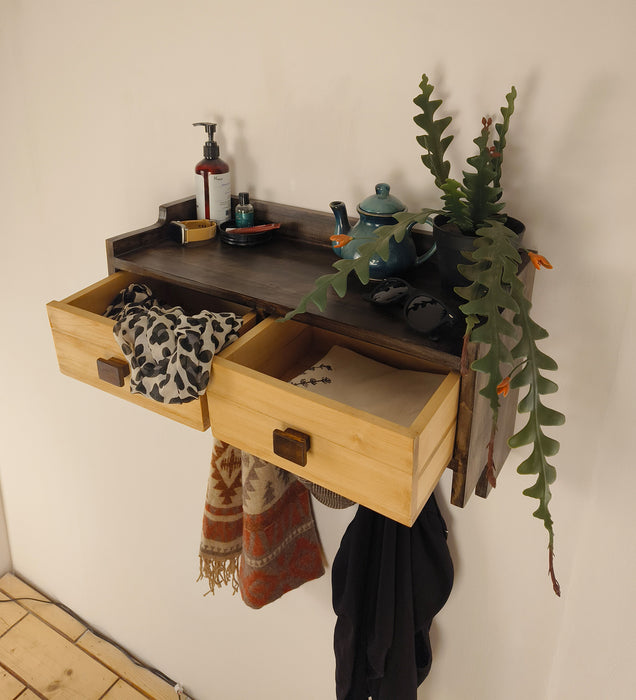 GOLDEN OAK Wooden Wall Shelf with Drawers & Key Holders