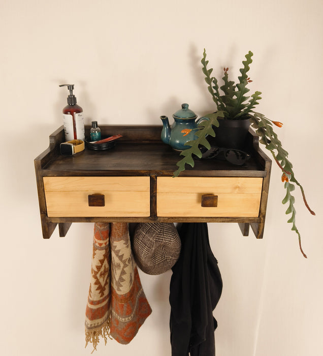 GOLDEN OAK Wooden Wall Shelf with Drawers & Key Holders