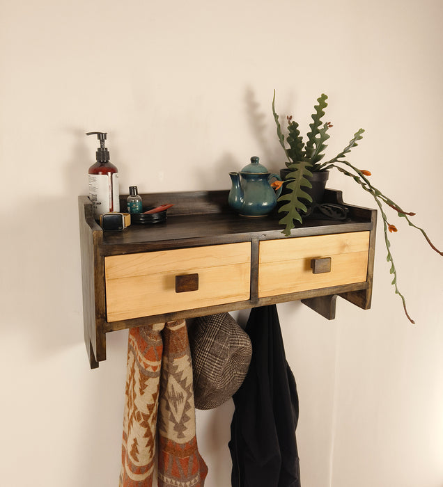 GOLDEN OAK Wooden Wall Shelf with Drawers & Key Holders