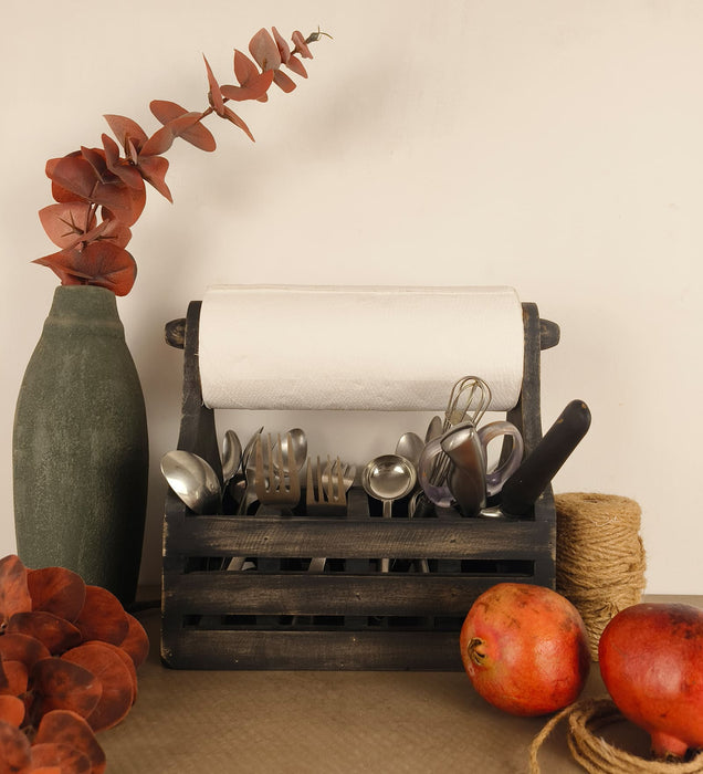 AUDREY Wooden Kitchen Roll Holder and Cutlery Holder