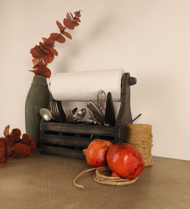 AUDREY Wooden Kitchen Roll Holder and Cutlery Holder