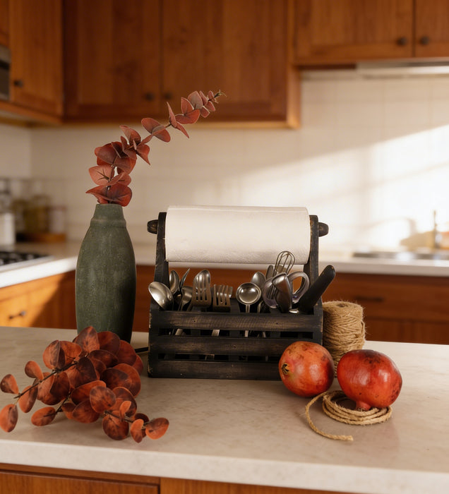 AUDREY Wooden Kitchen Roll Holder and Cutlery Holder