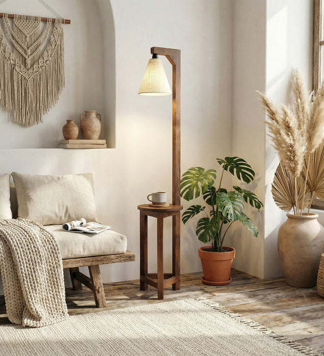 Accent Wooden Floor Lamp with Brown Base and Beige Fabric Lampshade