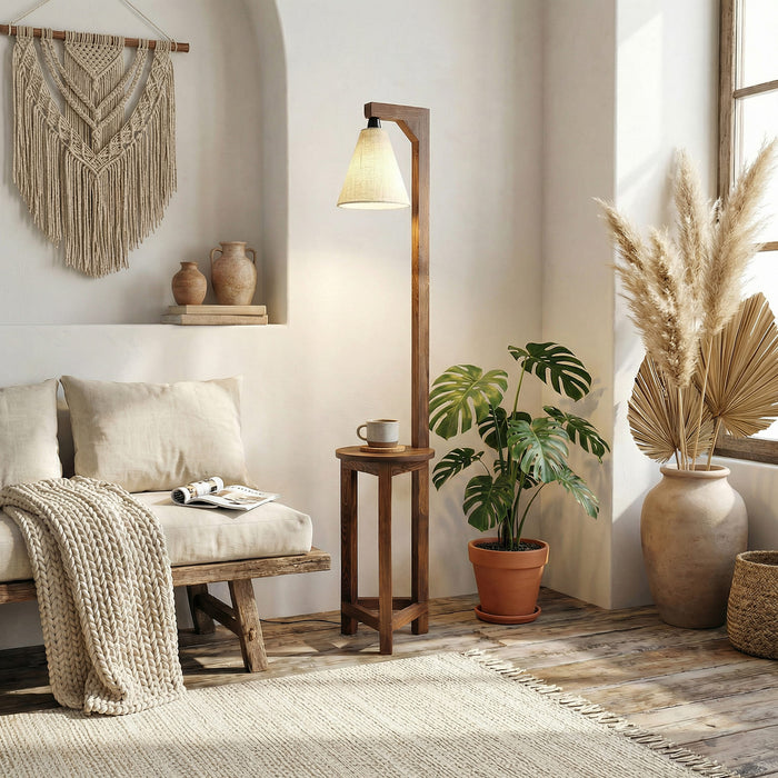 Accent Wooden Floor Lamp with Brown Base and Beige Fabric Lampshade