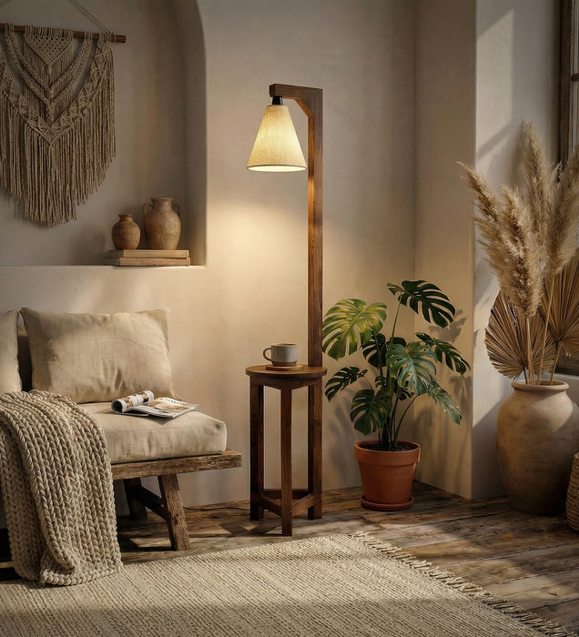 Accent Wooden Floor Lamp with Brown Base and Beige Fabric Lampshade
