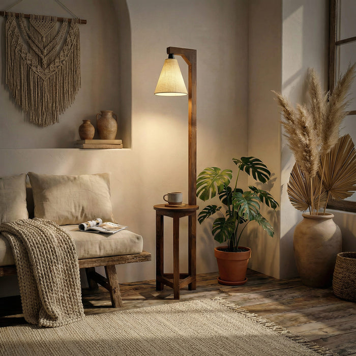Accent Wooden Floor Lamp with Brown Base and Beige Fabric Lampshade