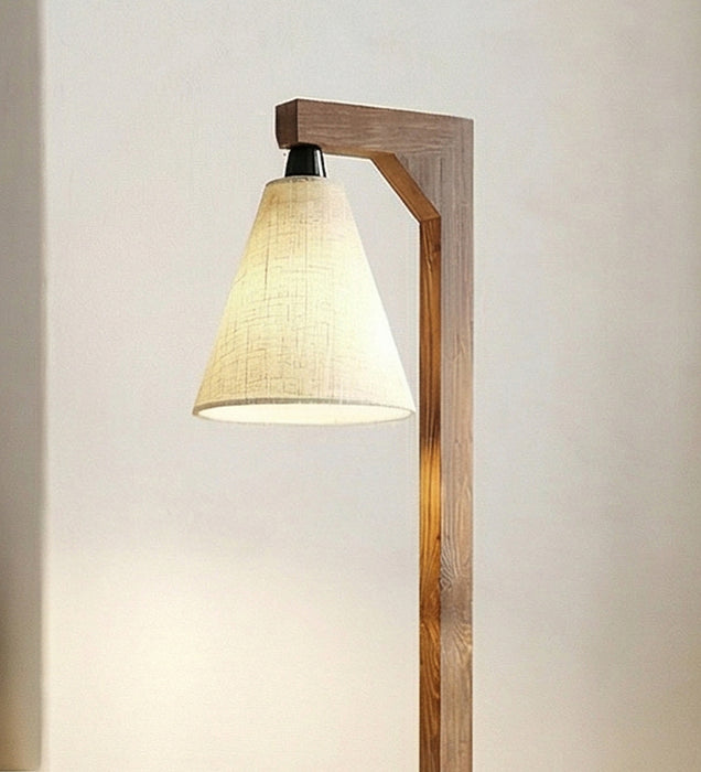 Accent Wooden Floor Lamp with Brown Base and Beige Fabric Lampshade