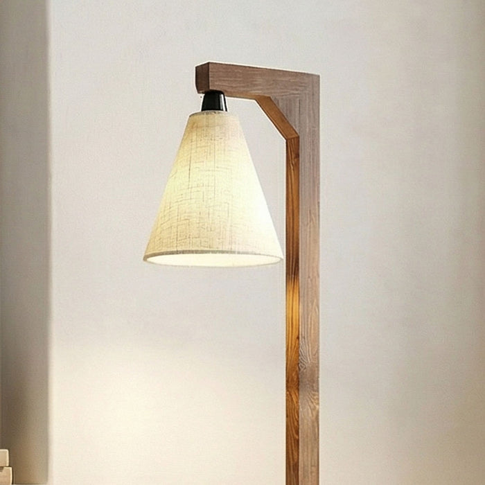 Accent Wooden Floor Lamp with Brown Base and Beige Fabric Lampshade