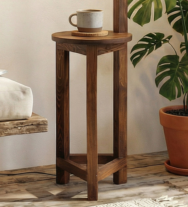 Accent Wooden Floor Lamp with Brown Base and Beige Fabric Lampshade