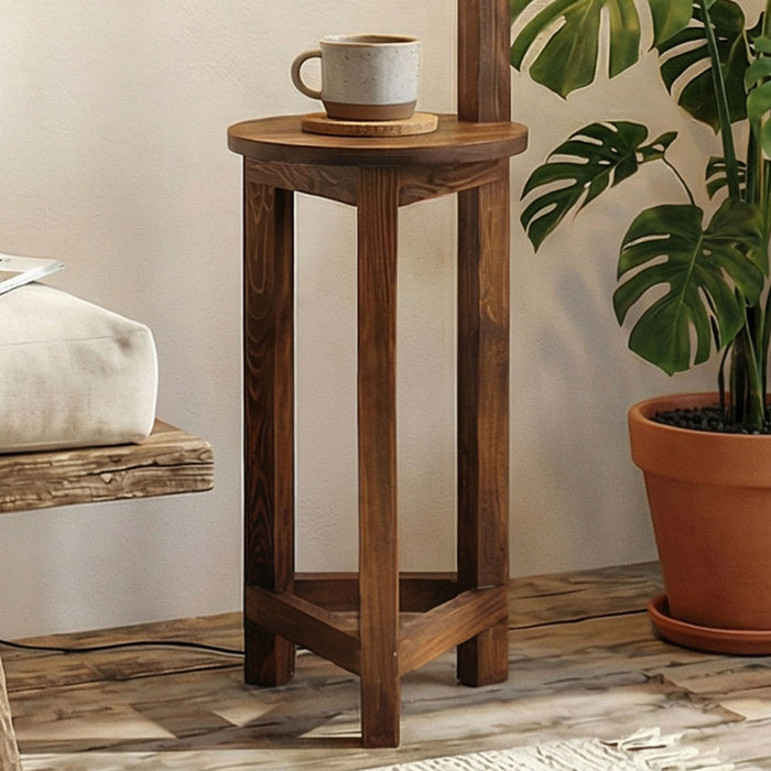 Accent Wooden Floor Lamp with Brown Base and Beige Fabric Lampshade