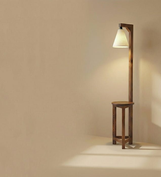 Accent Wooden Floor Lamp with Brown Base and Beige Fabric Lampshade